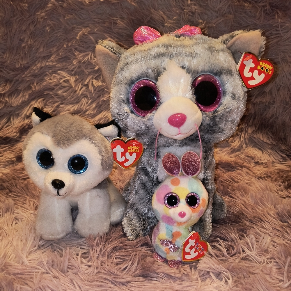 Ty Plush Trio: Gray Cat, Husky, and Colorful Bunny